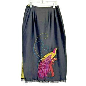 CLIO Midi Skirt Size 8 Medium Black 100% Silk Embroidered Peacock Beaded Fringe